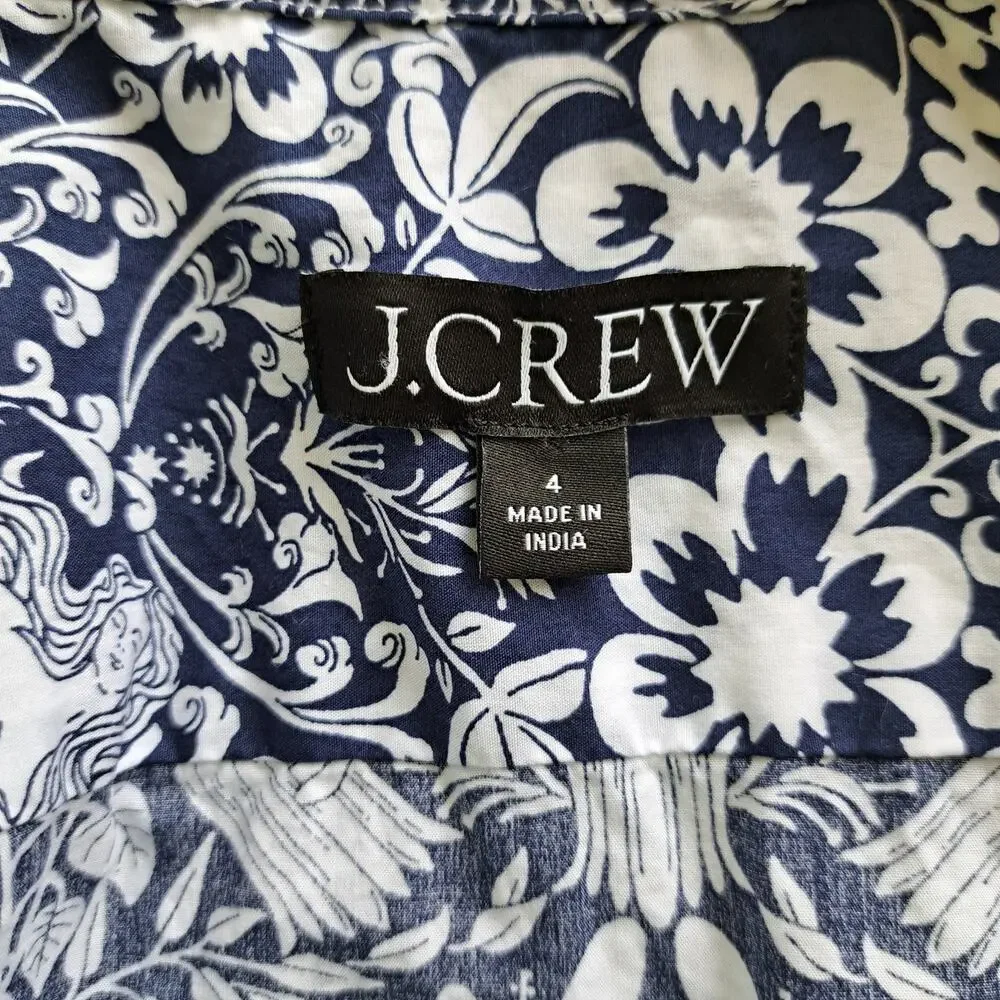 J CREW Gamine Button Down Short Sleeve Shirt Mermaid Floral  4 Navy Relaxed Fit
